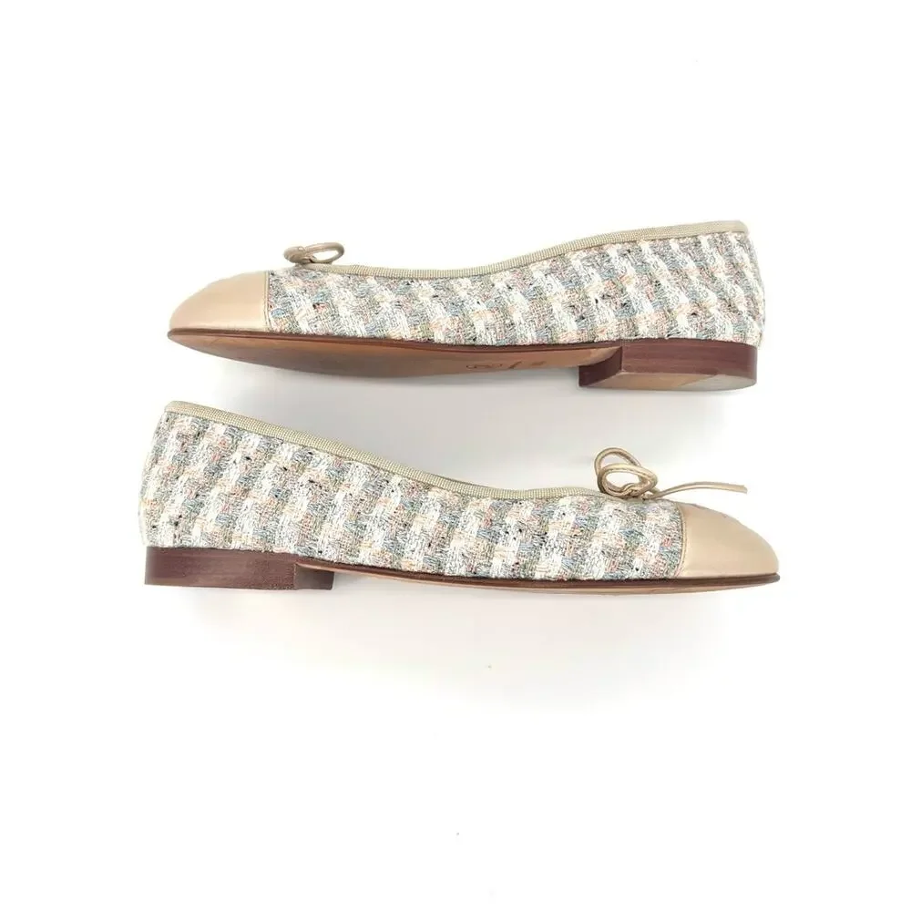 Chanel Tweed Cap Toe Bow CC Logo Ballerina Flats 36.5